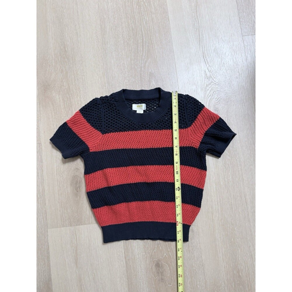 Anthropologie Maeve Open Knit Striped Sweater Top XS Red Navy Blue Short Sleeve - Picture 9 of 14